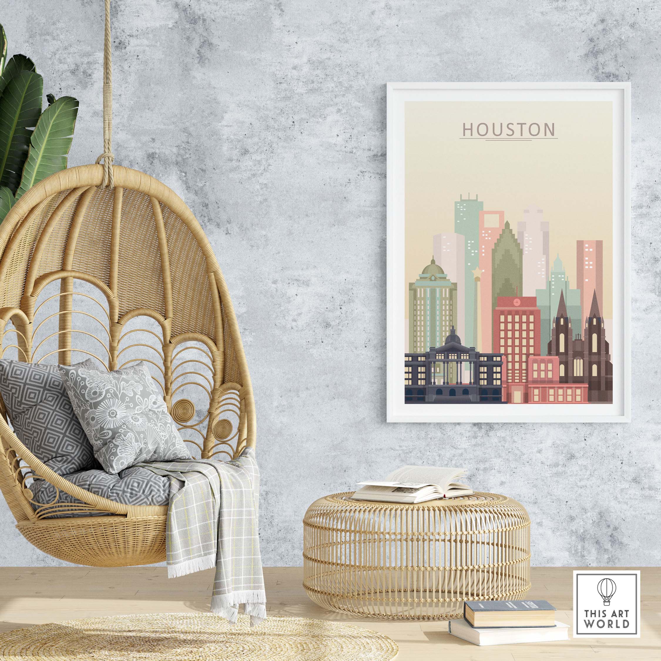 Houston skyline print in pastel tones, displayed in a stylish interior with hanging chair and decorative elements.