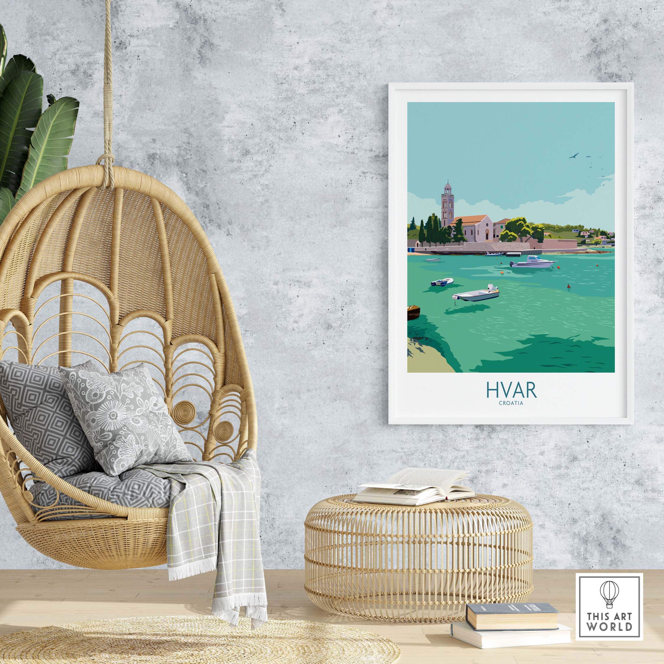 Hvar Print Croatia Travel Poster displayed in a stylish interior with hanging chair and natural decor.
