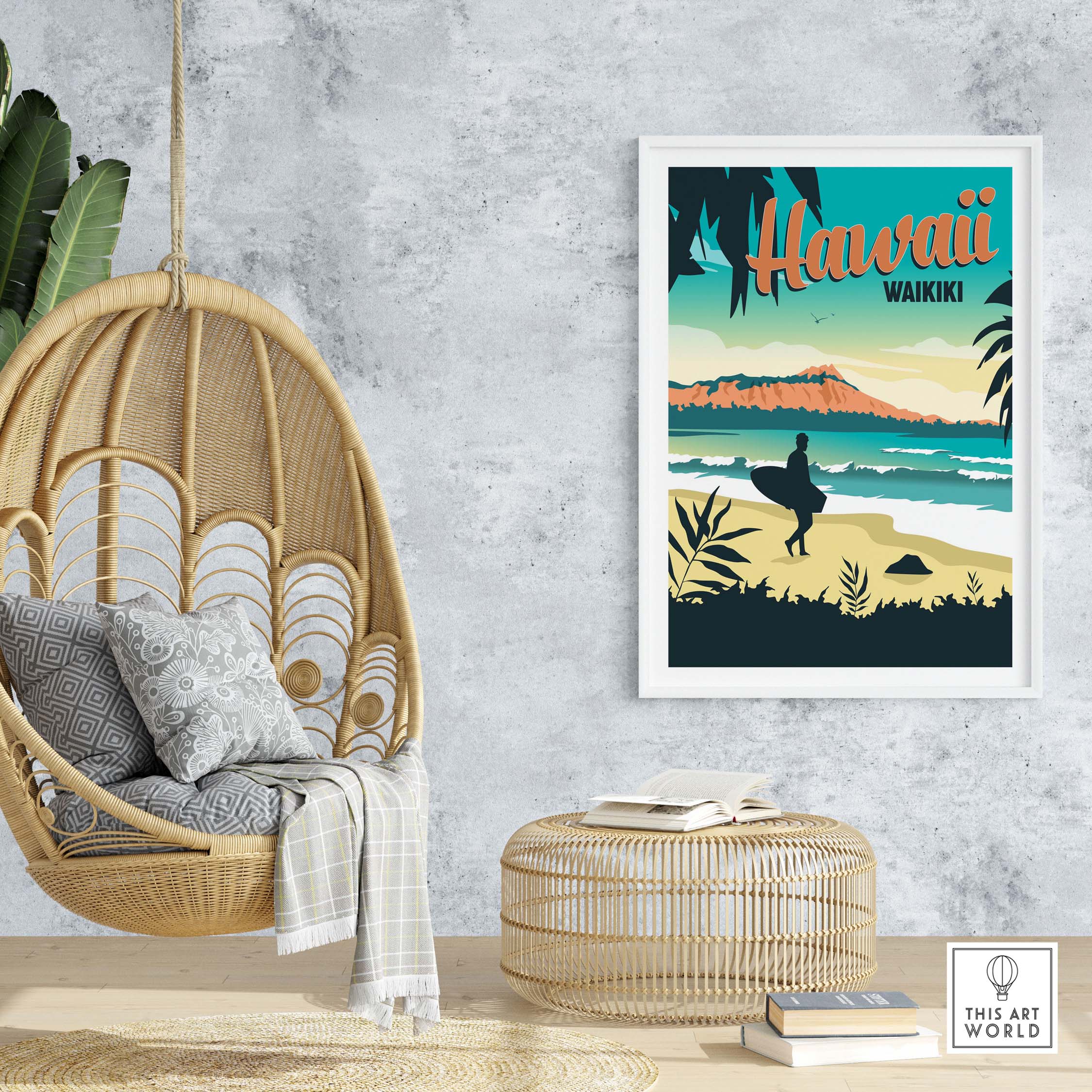 Hawaii Waikiki poster wall art print, showcasing a beach scene with a surfer enjoying a tropical sunset.