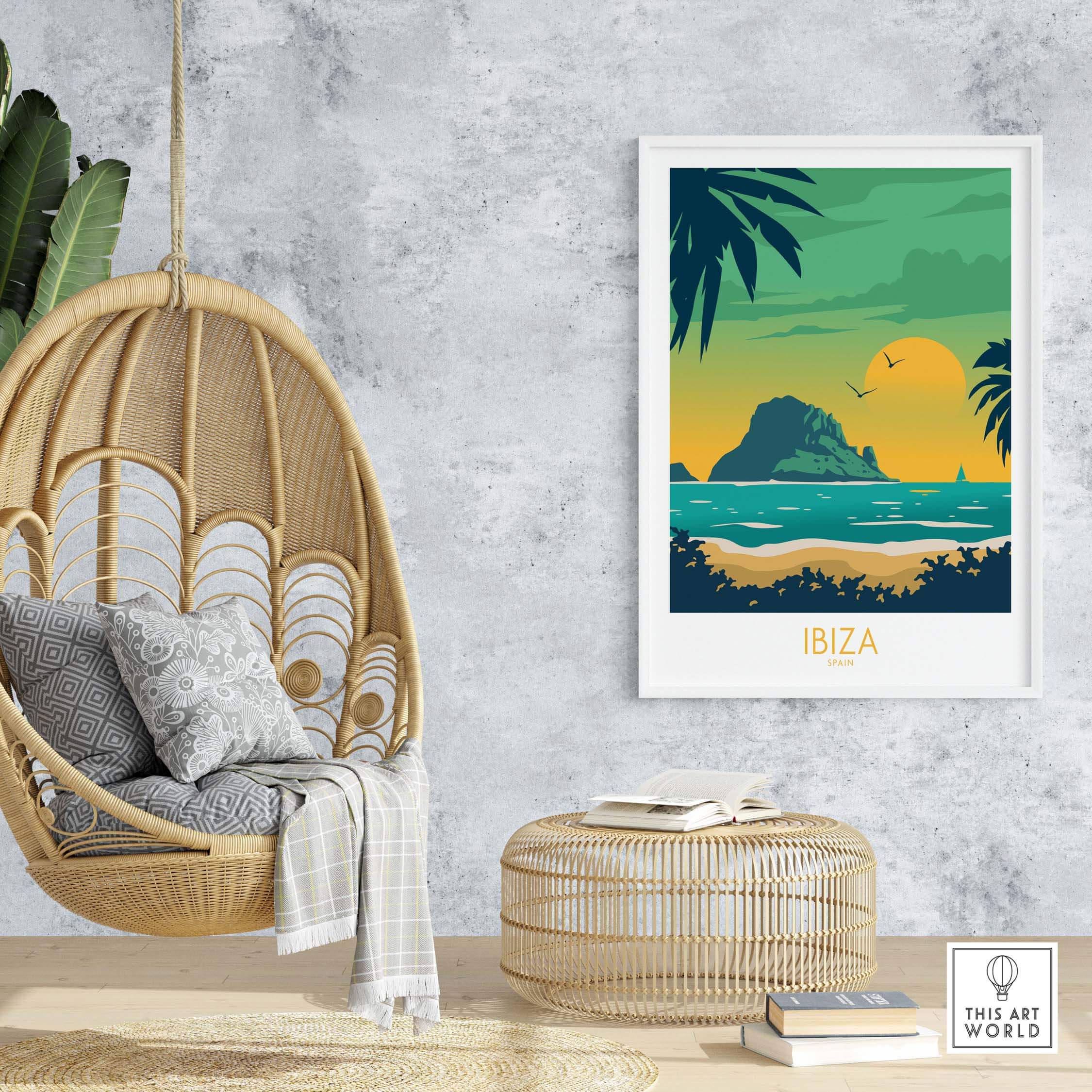 Ibiza Print Travel Poster in modern decor featuring beach sunset, palm trees, and cozy seating area.
