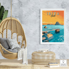 Ibiza Print Spain Sunset Poster showcasing vibrant colors and vintage travel art, perfect for home decor.