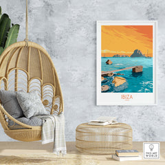 Ibiza poster wall art featuring a serene island scene, perfect for home decor inspiration and travel enthusiasts.