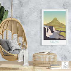 Iceland travel poster in a modern living room with bohemian decor, showcasing a scenic landscape.