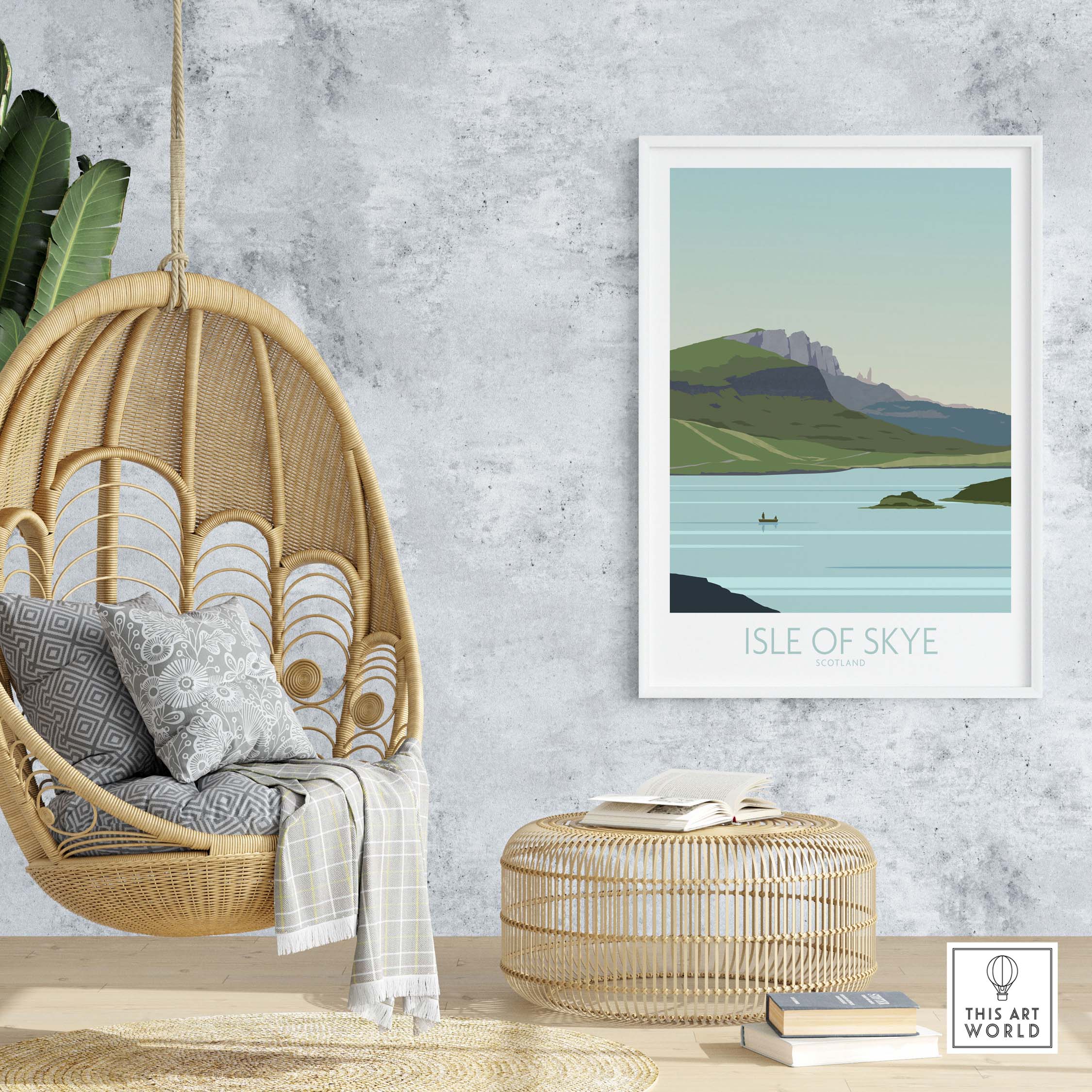 Isle of Skye Poster print displayed in a stylish home setting with a hanging chair and natural decor.