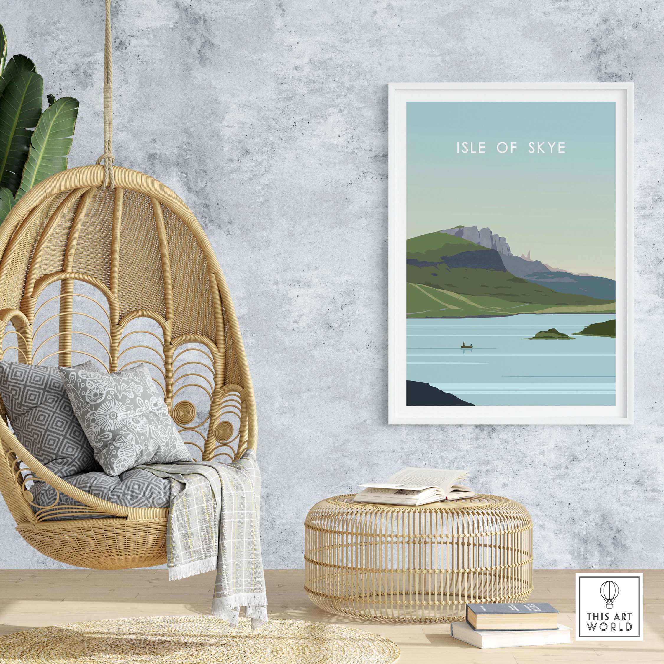 Isle of Skye poster print displayed in a modern living space with a hanging chair and cozy decor.