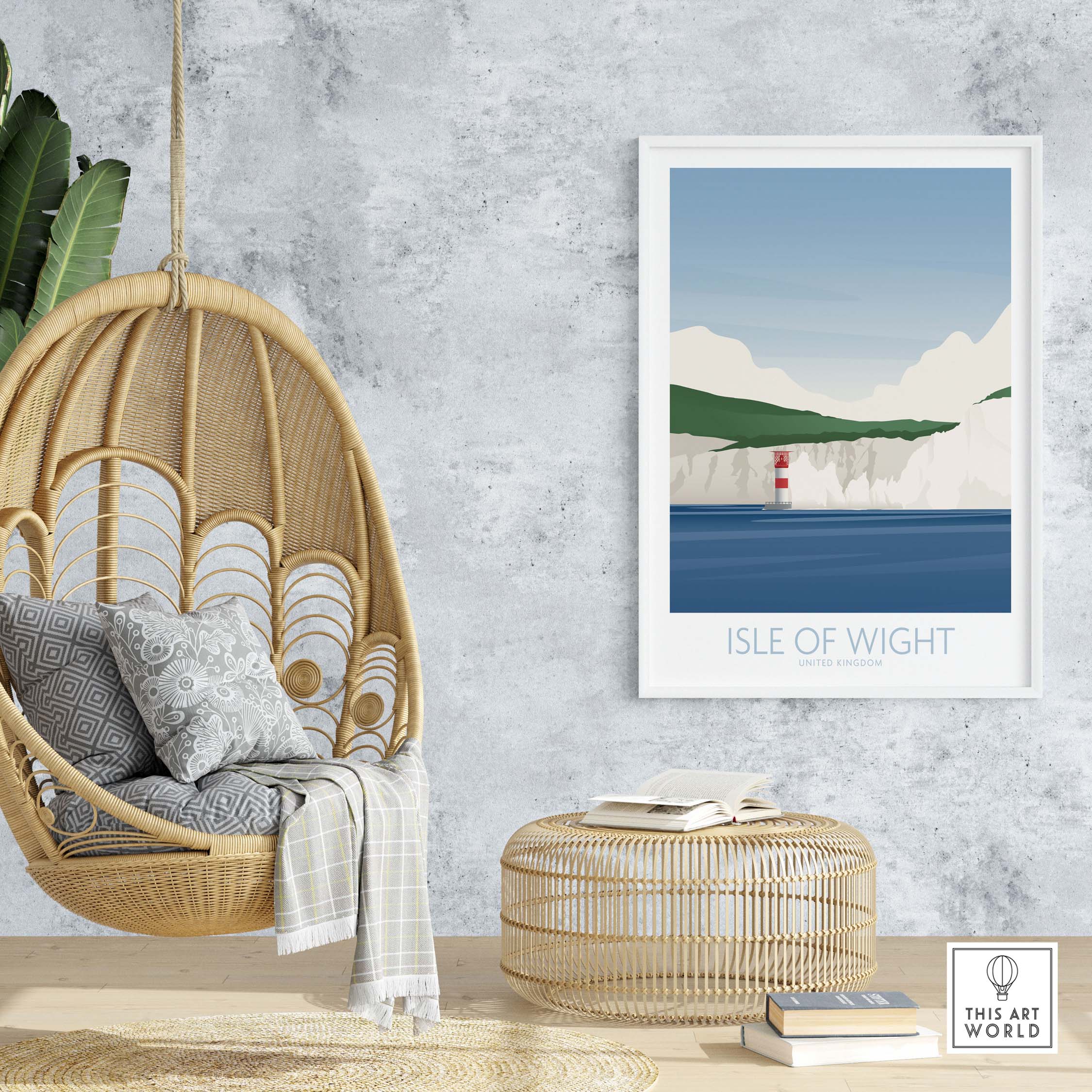 Isle of Wight Print displayed in a cozy interior with a hanging chair and natural decor.