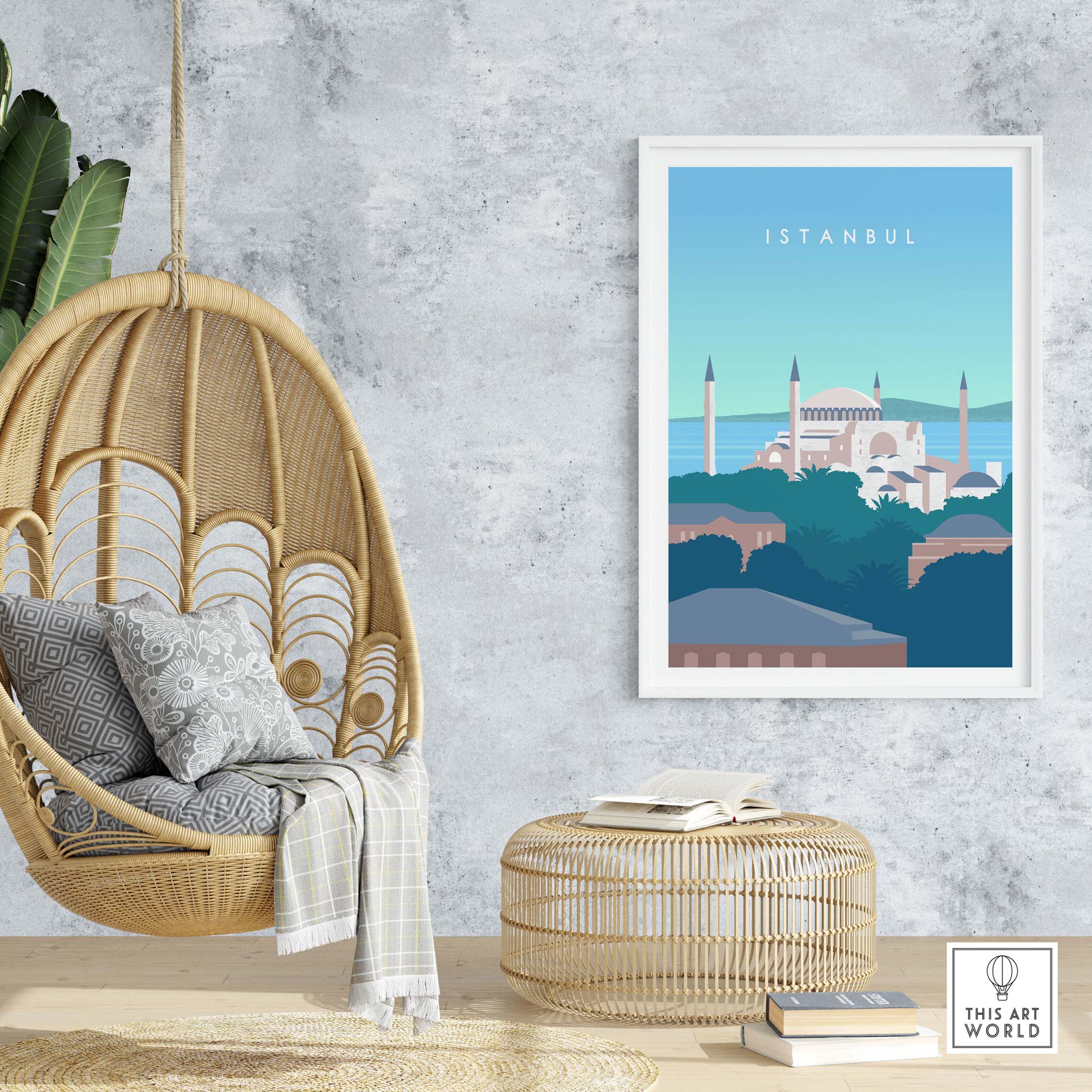 Istanbul Print Wall Art Poster featuring Blue Mosque in stylish home decor setting.