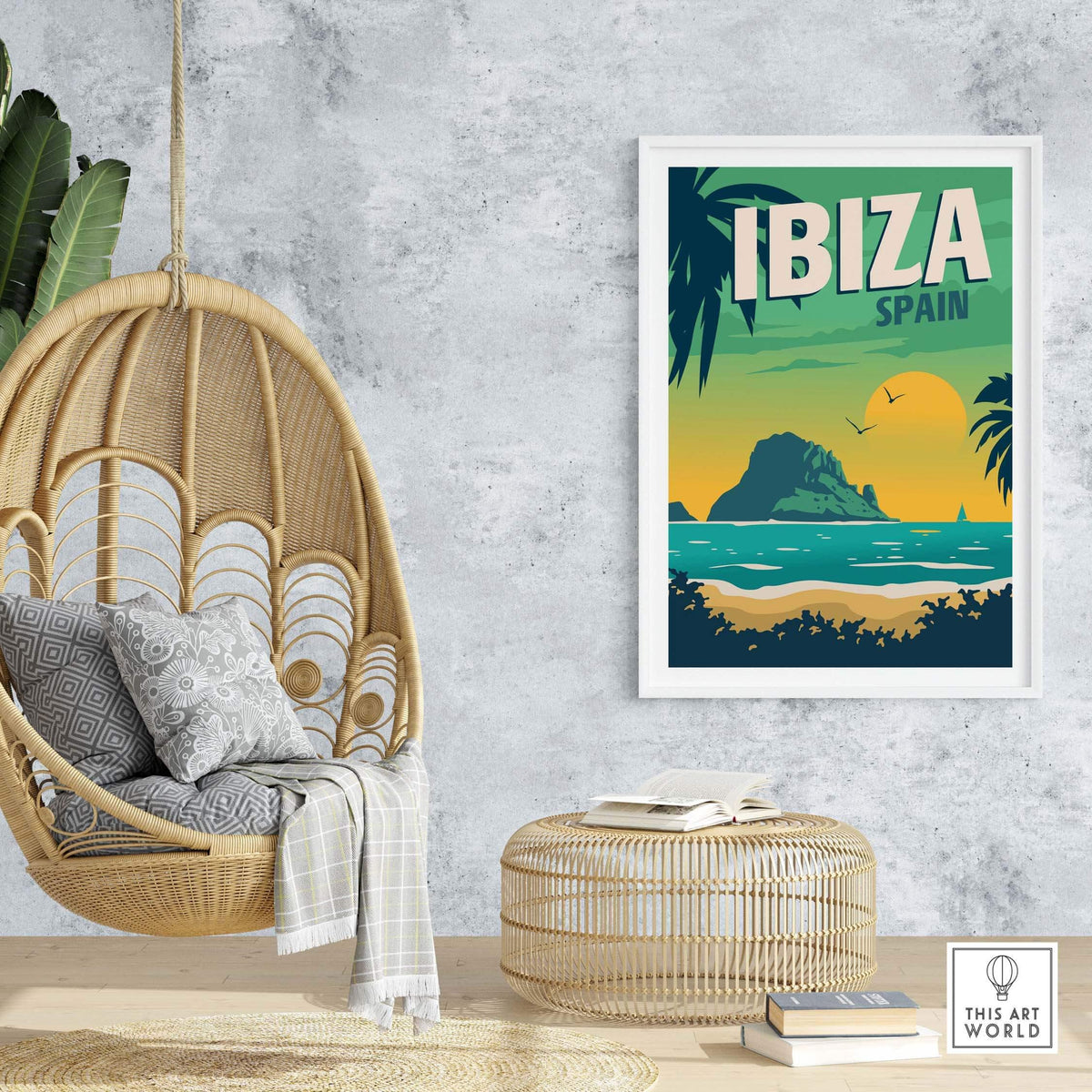Ibiza Poster Wall Art Print displayed in a modern interior, featuring tropical scenery and vintage design.
