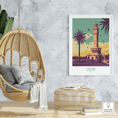 Izmir Poster Turkey Wall Art showcasing a vibrant design with a clock tower, palm trees, and a hanging chair in a modern interior.