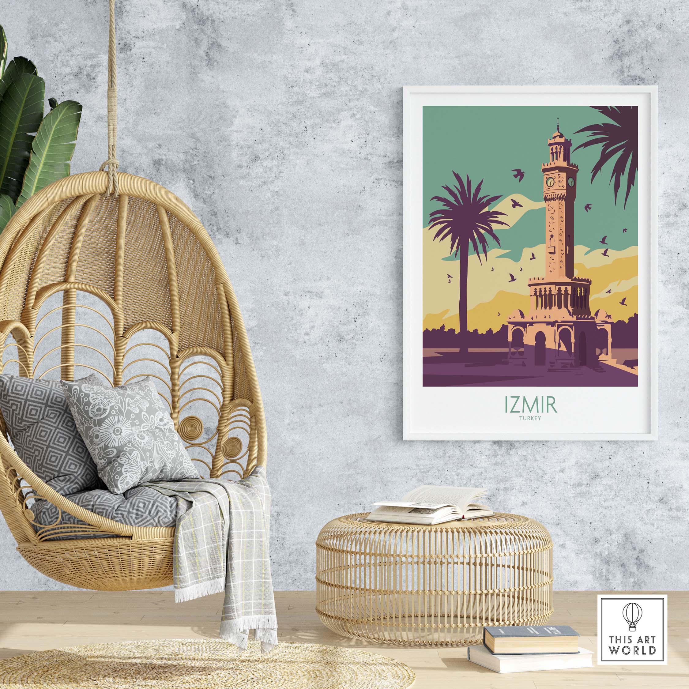 Izmir Poster Turkey Wall Art showcasing a vibrant design with a clock tower, palm trees, and a hanging chair in a modern interior.