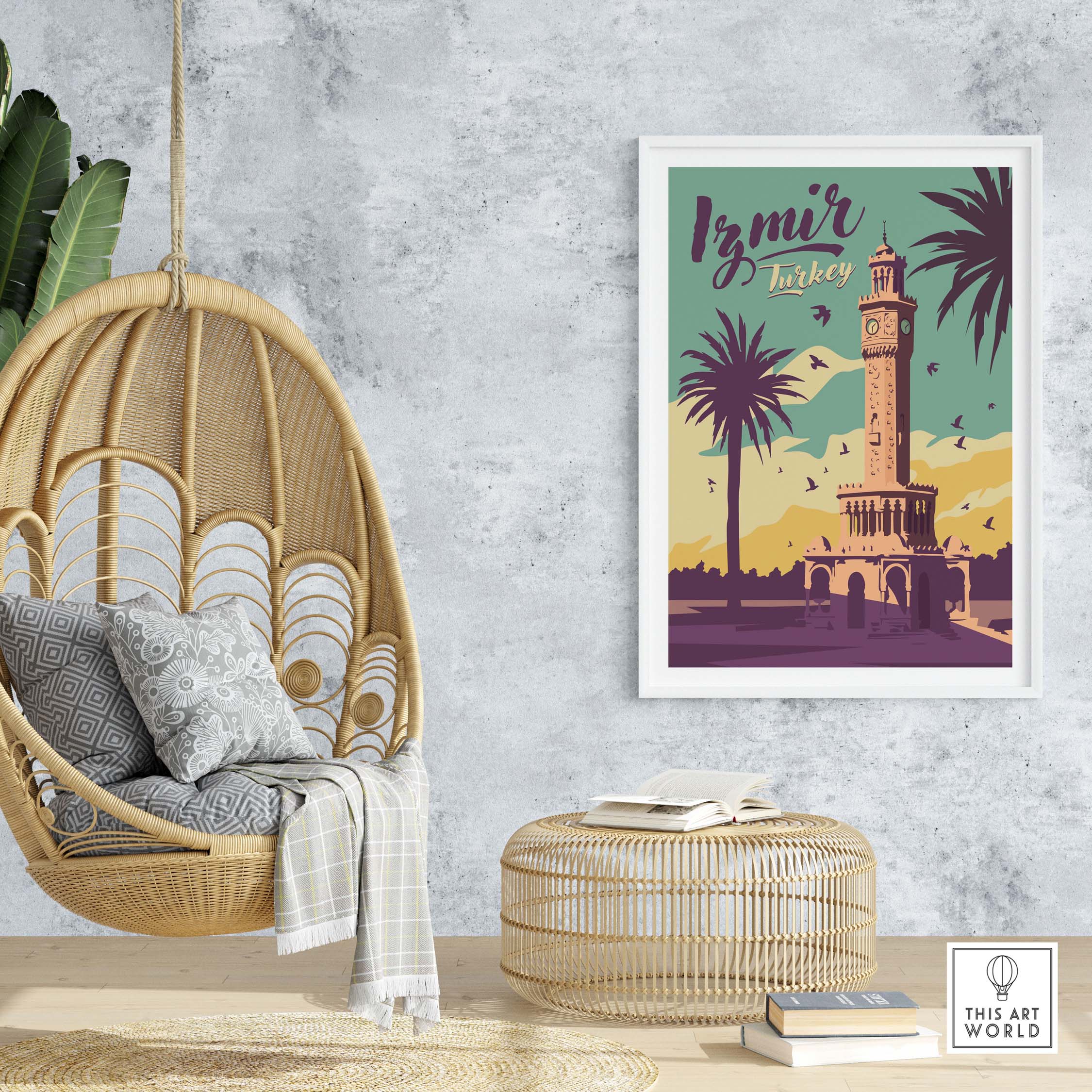Framed Izmir Print travel poster featuring iconic tower and palm trees, enhancing home decor with vintage travel vibes.