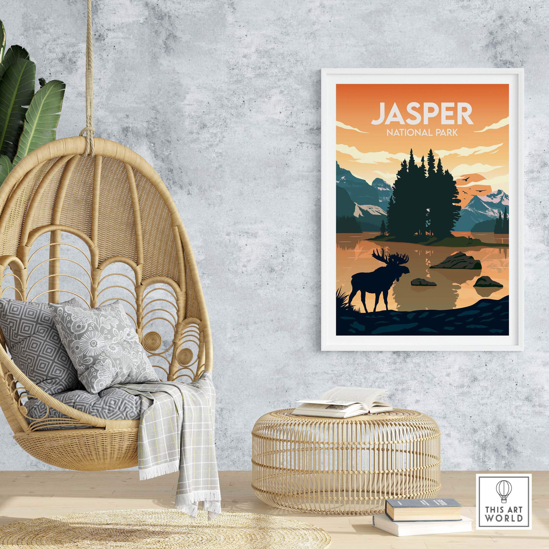 Jasper National Park poster in a modern space with a hanging chair and decorative elements.