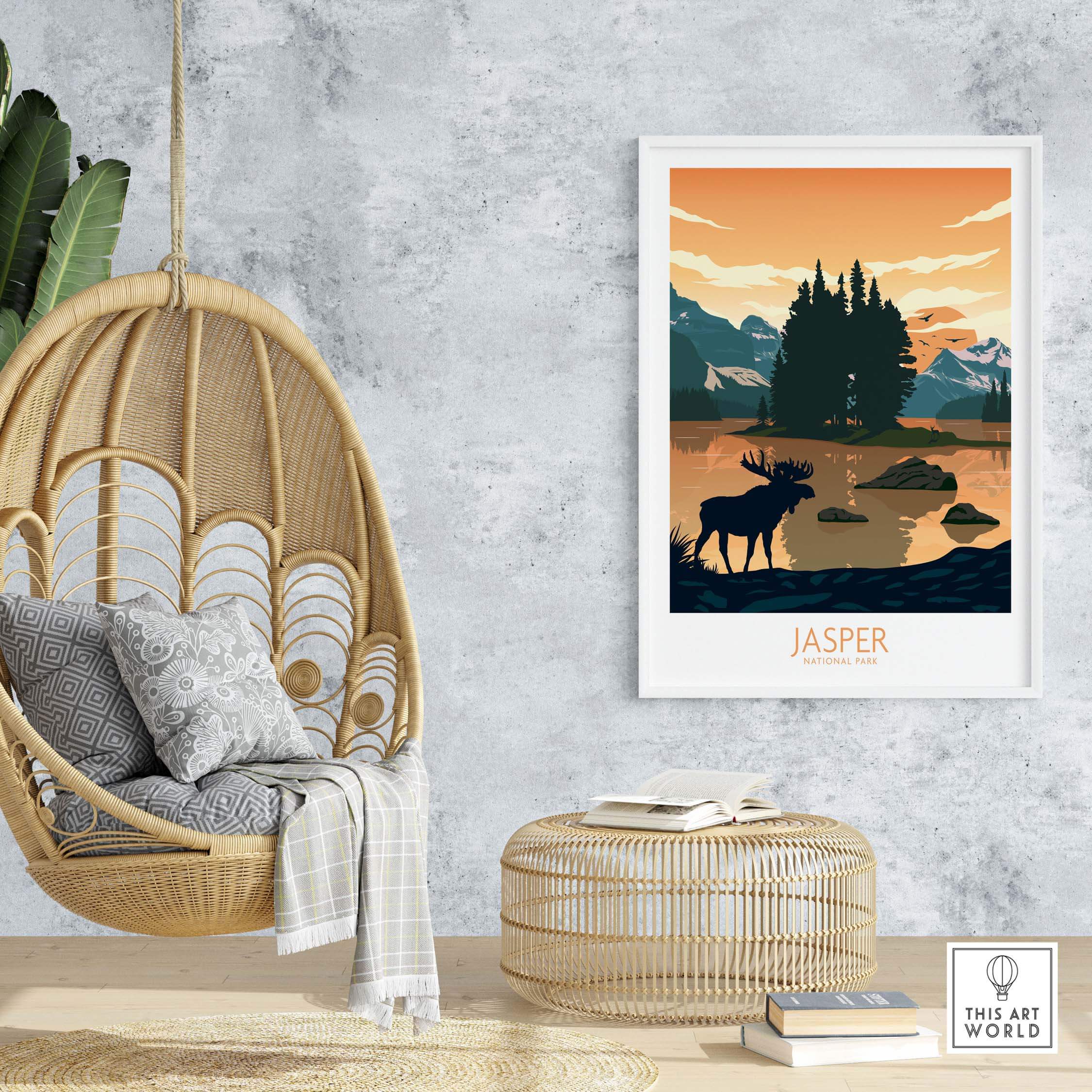 Jasper National Park poster art print featuring a moose, mountains, and a serene lake in a stylish living room setting.