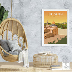 Jerusalem Print wall art featuring a vintage style poster of Israel in a stylish home setting.