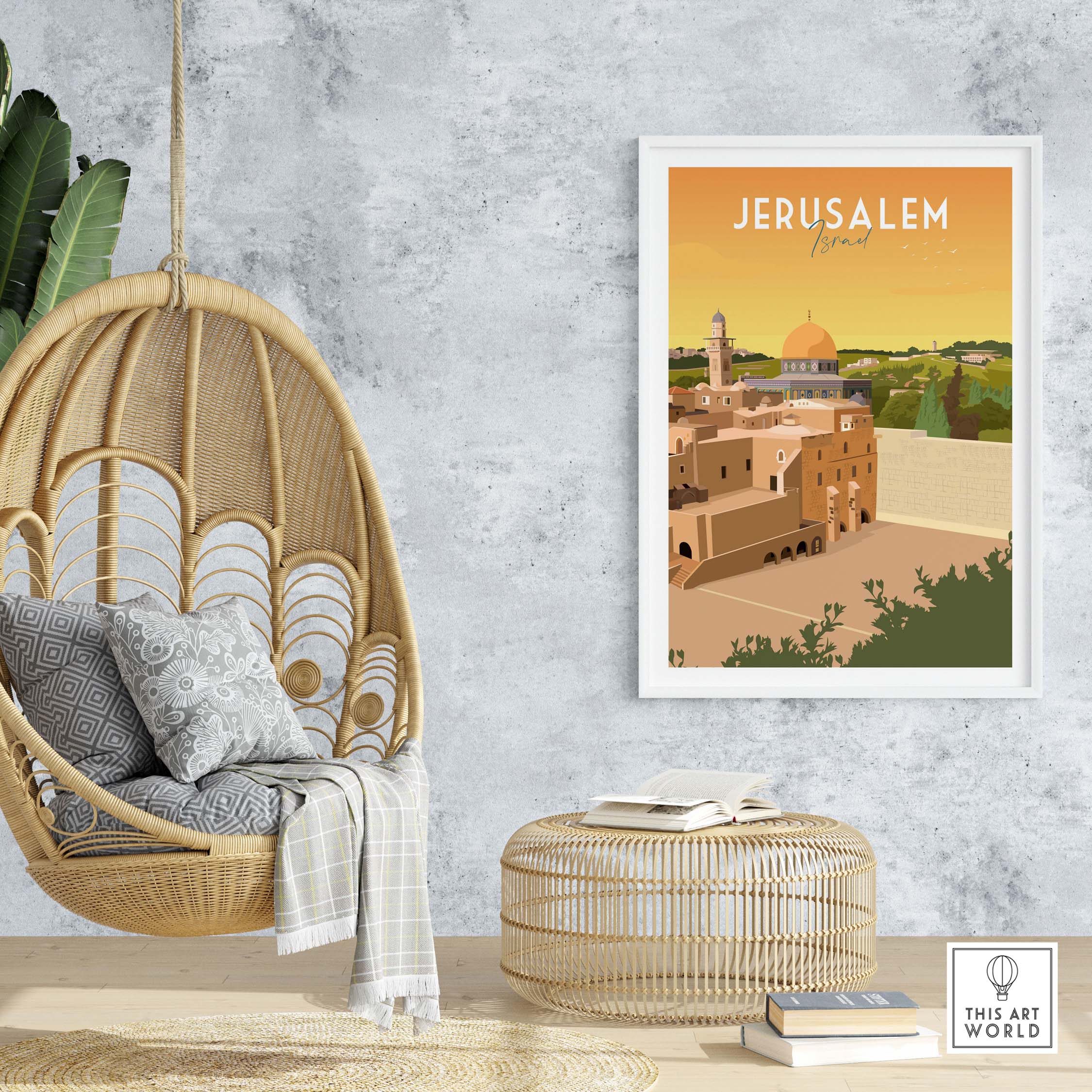 Jerusalem Print wall art featuring a vintage style poster of Israel in a stylish home setting.