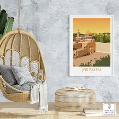 Stylish Jerusalem Wall Art Poster displayed in a cozy interior setting with a hanging chair and natural decor.