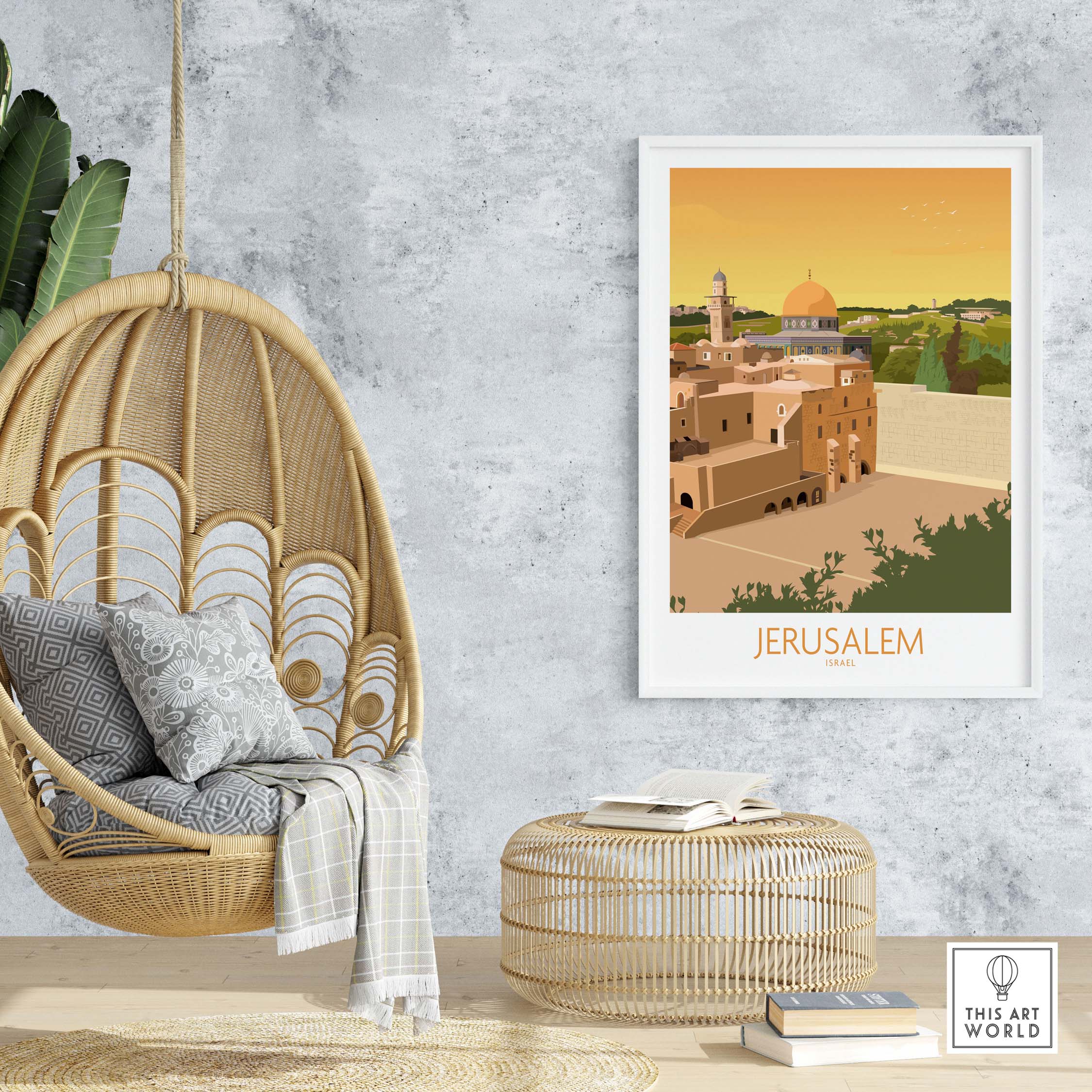 Stylish Jerusalem Wall Art Poster displayed in a cozy interior setting with a hanging chair and natural decor.