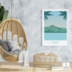 Kauai Print Hawaii Island Beach Poster in a stylish interior with a cozy hanging chair and decor accents.