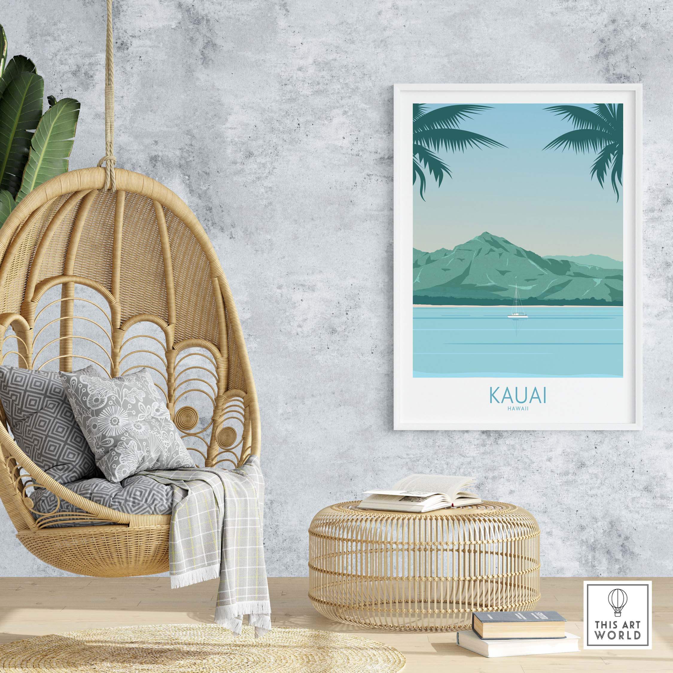 Kauai Print Hawaii Island Beach Poster in a stylish interior with a cozy hanging chair and decor accents.