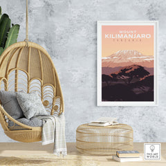 Mount Kilimanjaro Print Wall Art Poster in a stylish home setting with boho decor.