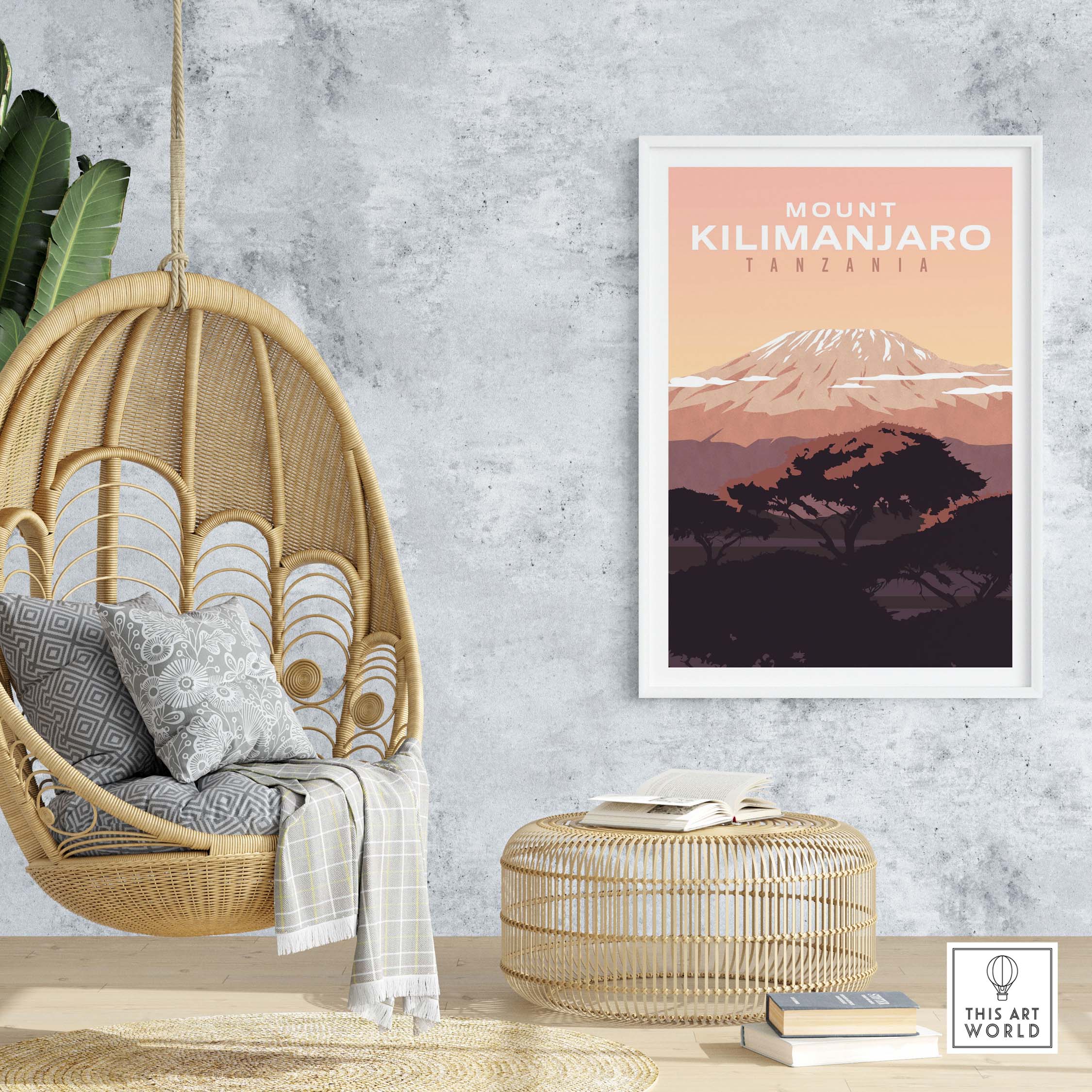 Mount Kilimanjaro Print Wall Art Poster in a stylish home setting with boho decor.