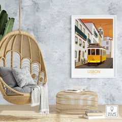 Lisbon Poster Portugal Print showcasing a vintage yellow tram on a city street, styled in a modern living room setting.