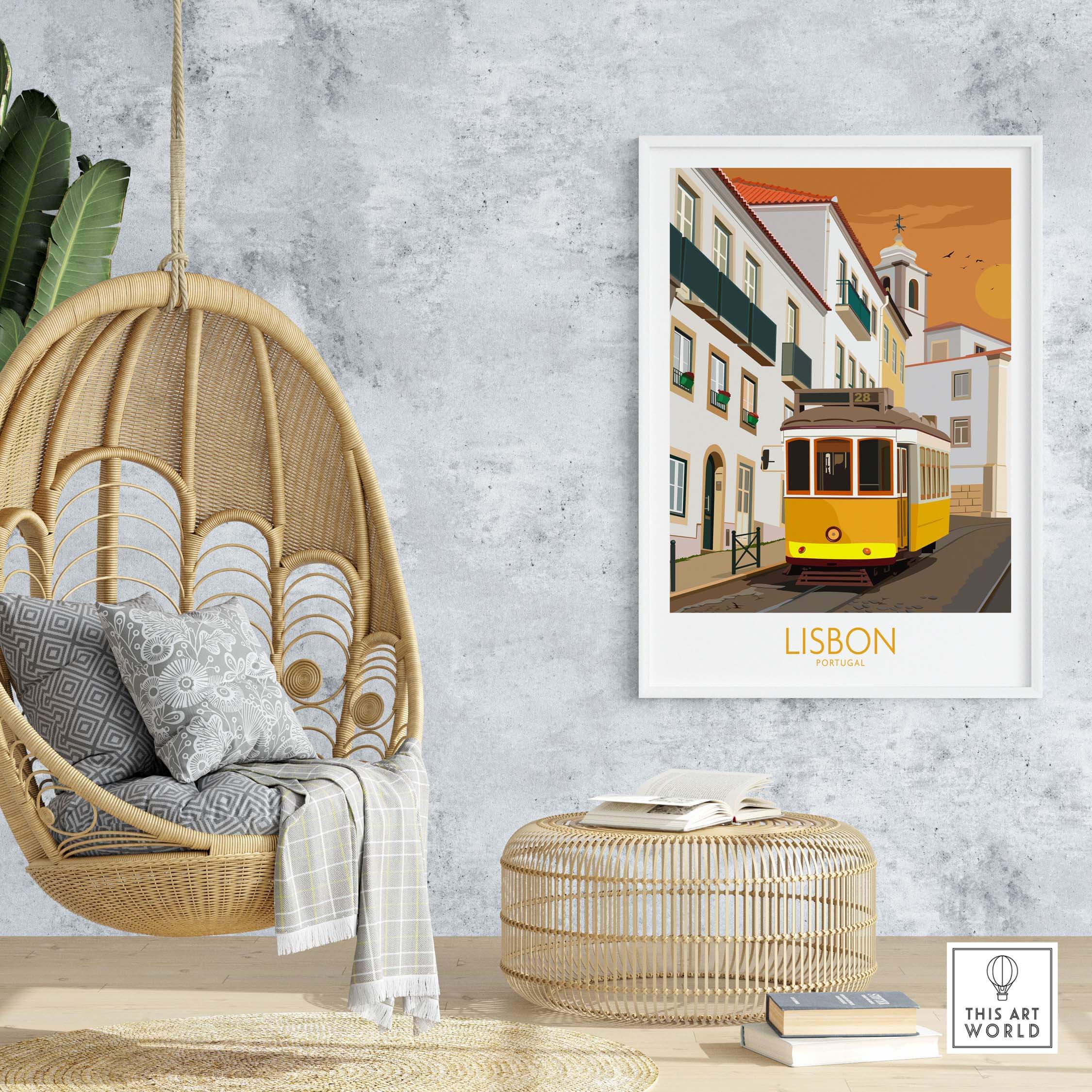 Lisbon Poster Portugal Print showcasing a vintage yellow tram on a city street, styled in a modern living room setting.