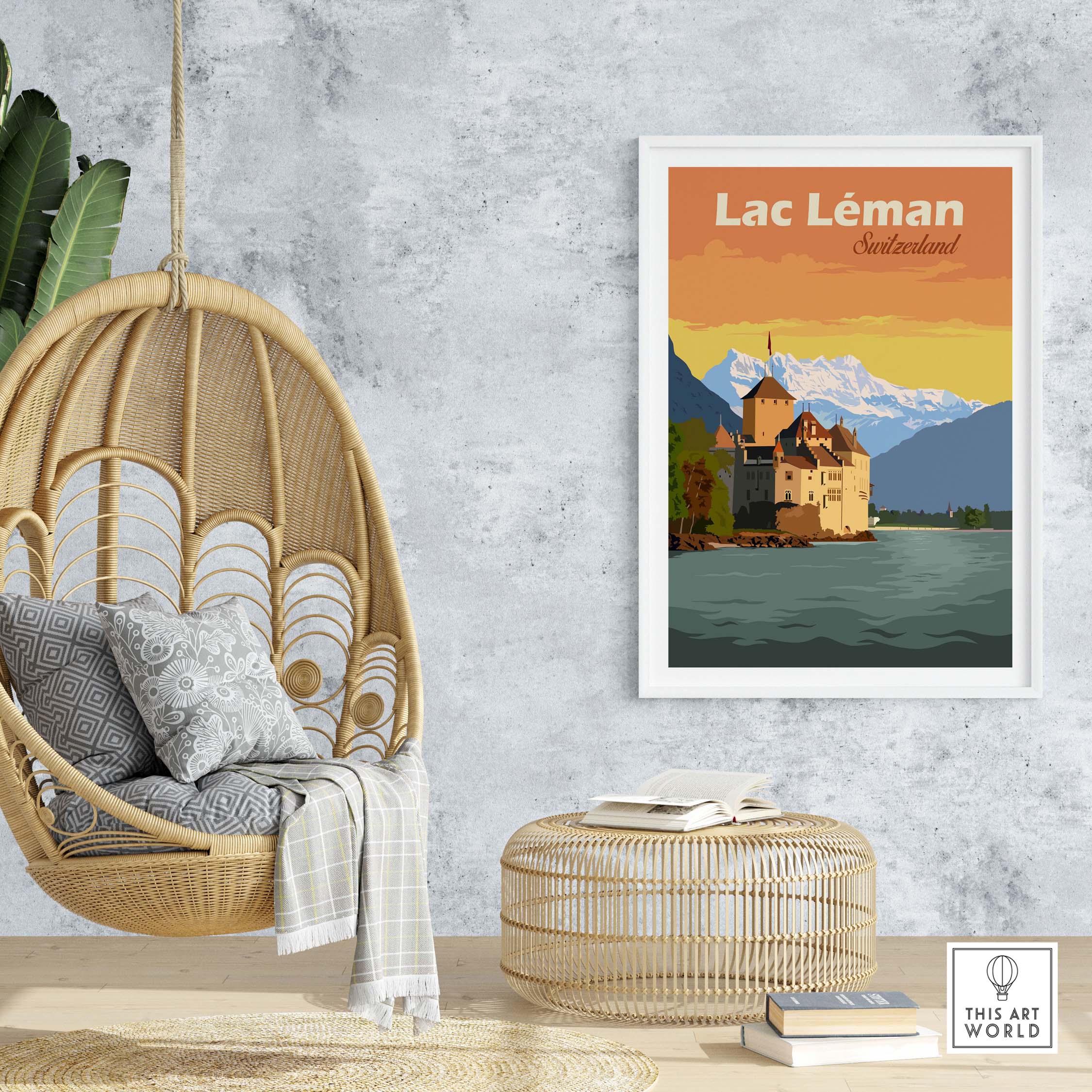 Lac Léman Switzerland art print in a cozy living space with rattan chair and decorative accessories.