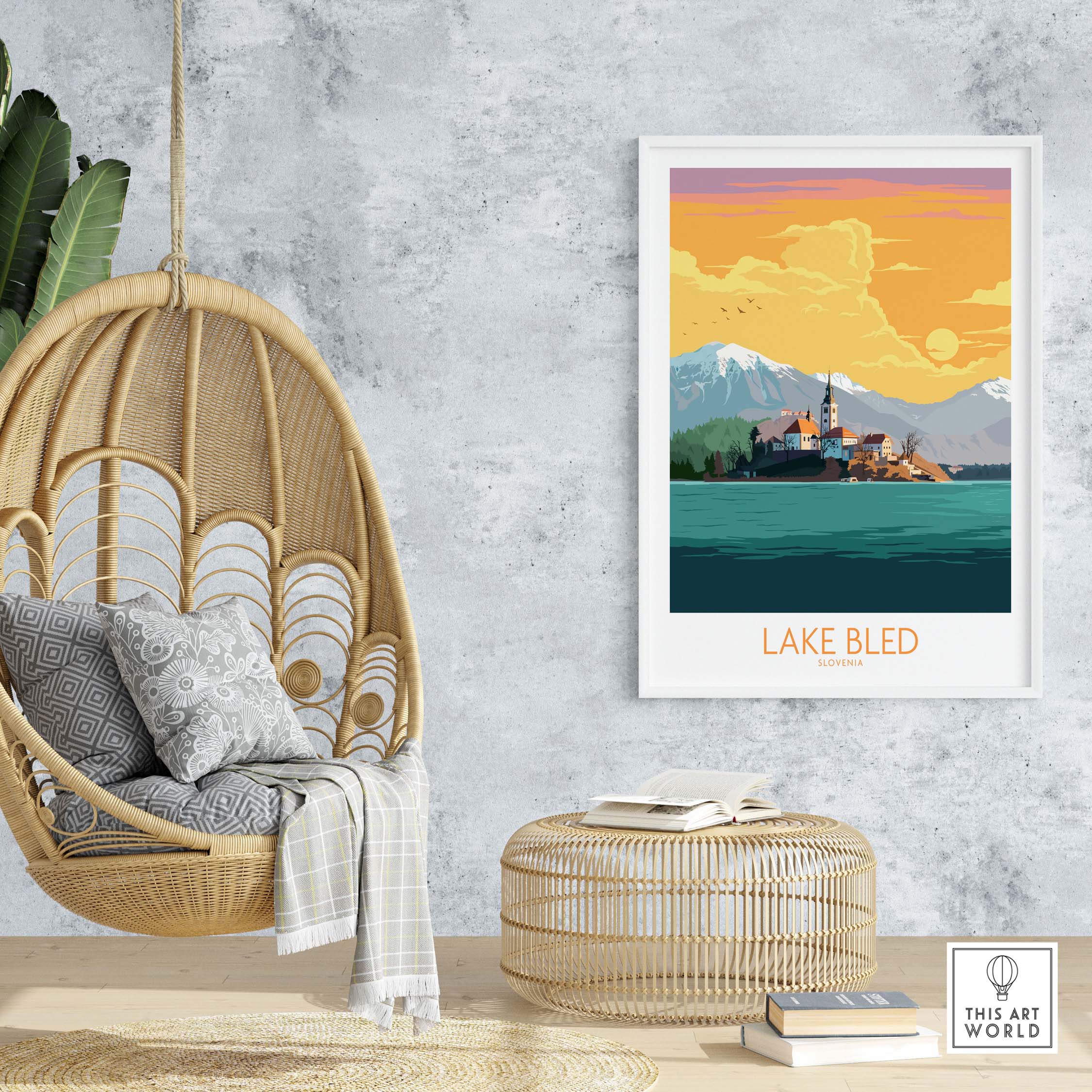 Lake Bled poster in a modern decor setting, showcasing scenic views of Slovenia with vintage art style.
