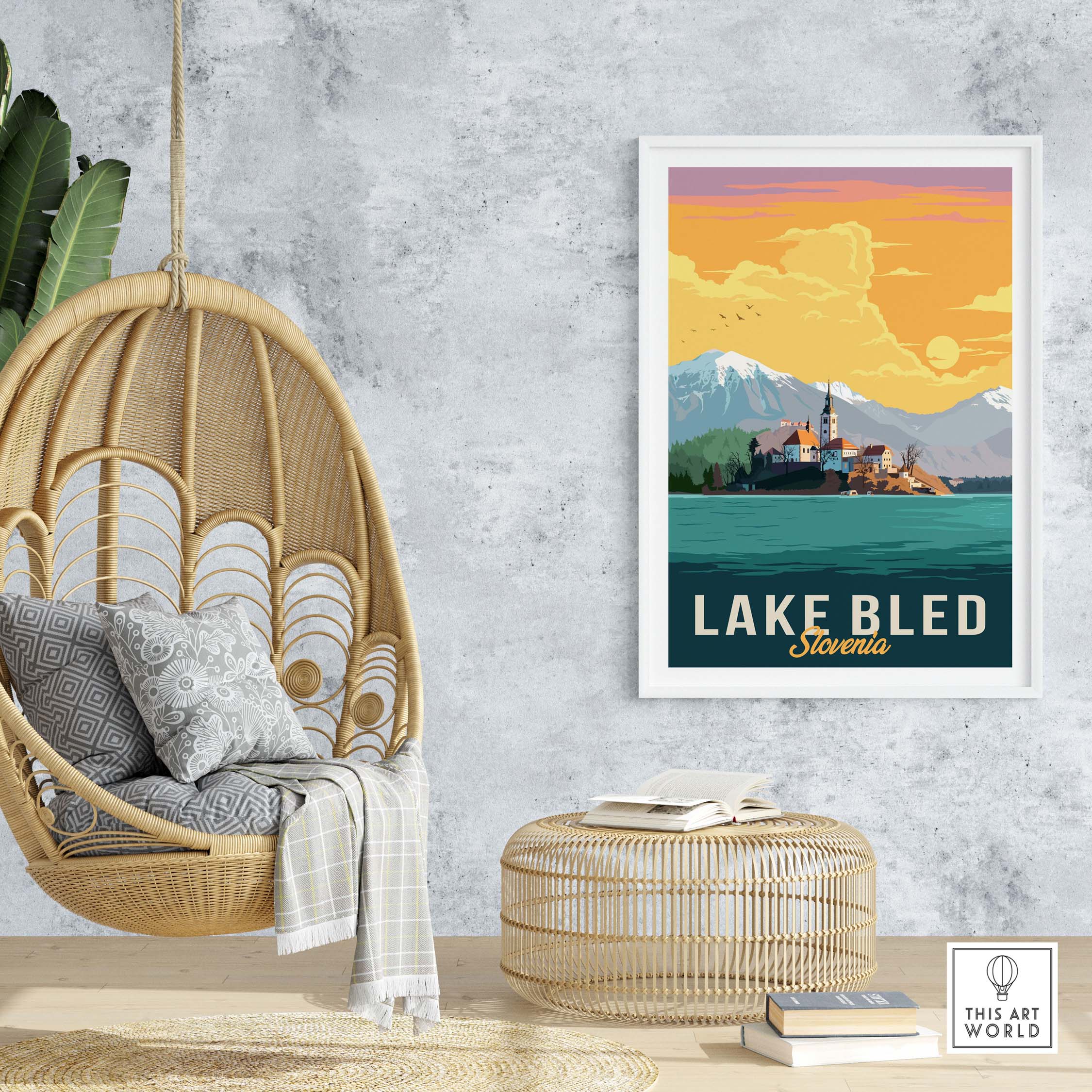 Lake Bled Print Slovenia in a cozy home setting, featuring vintage travel poster design for wall art inspiration.