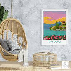 Lake Como Italy poster displayed in a modern living space, showcasing bright colors and minimalist design.