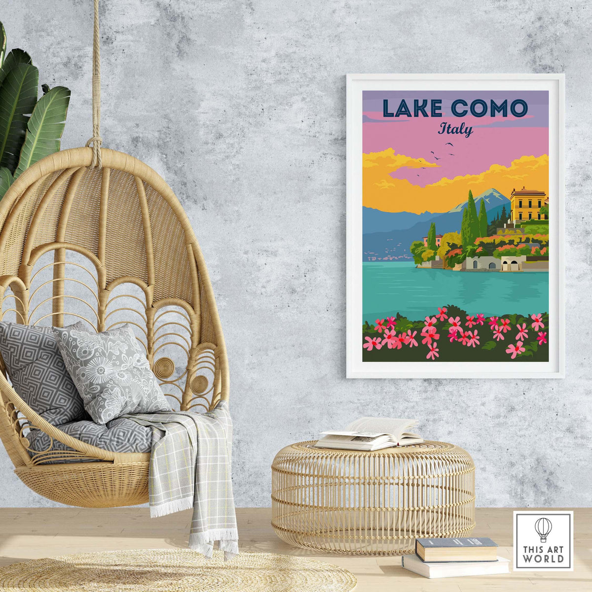 Lake Como Italy wall art in vintage style, framed, displayed in a modern home setting with cozy decor.