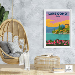 Lake Como Italy wall art in vintage style, framed, displayed in a modern home setting with cozy decor.