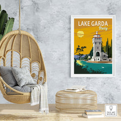 Lake Garda Print Italy Poster displayed in a cozy interior setting, showcasing vintage-inspired travel art.