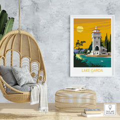 Lake Garda Italy poster print in a stylish interior setting, featuring vibrant colors and vintage design.