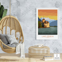 Lake Geneva art print displayed in a cozy room with a hanging chair and stylish decor elements.