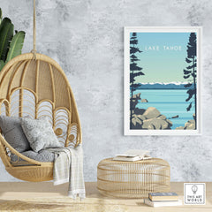 Lake Tahoe Print Wall Art Poster displayed in a cozy living space with a hanging chair and woven decor.