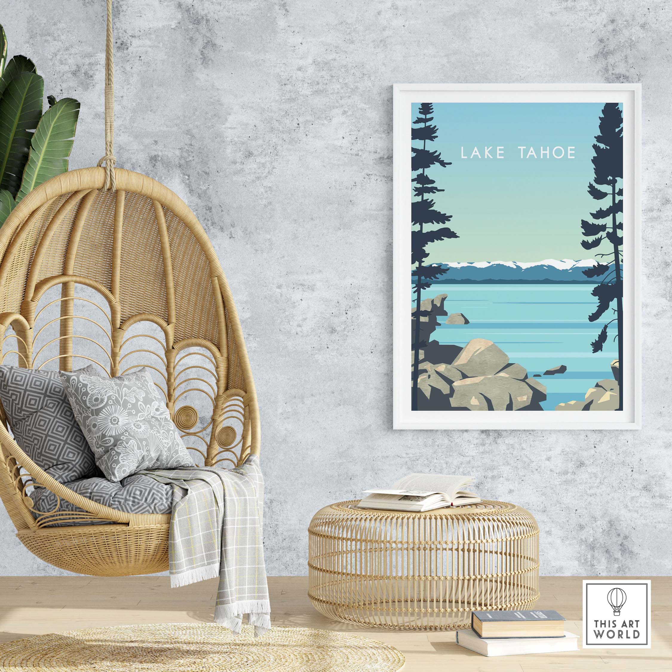 Lake Tahoe Print Wall Art Poster displayed in a cozy living space with a hanging chair and woven decor.