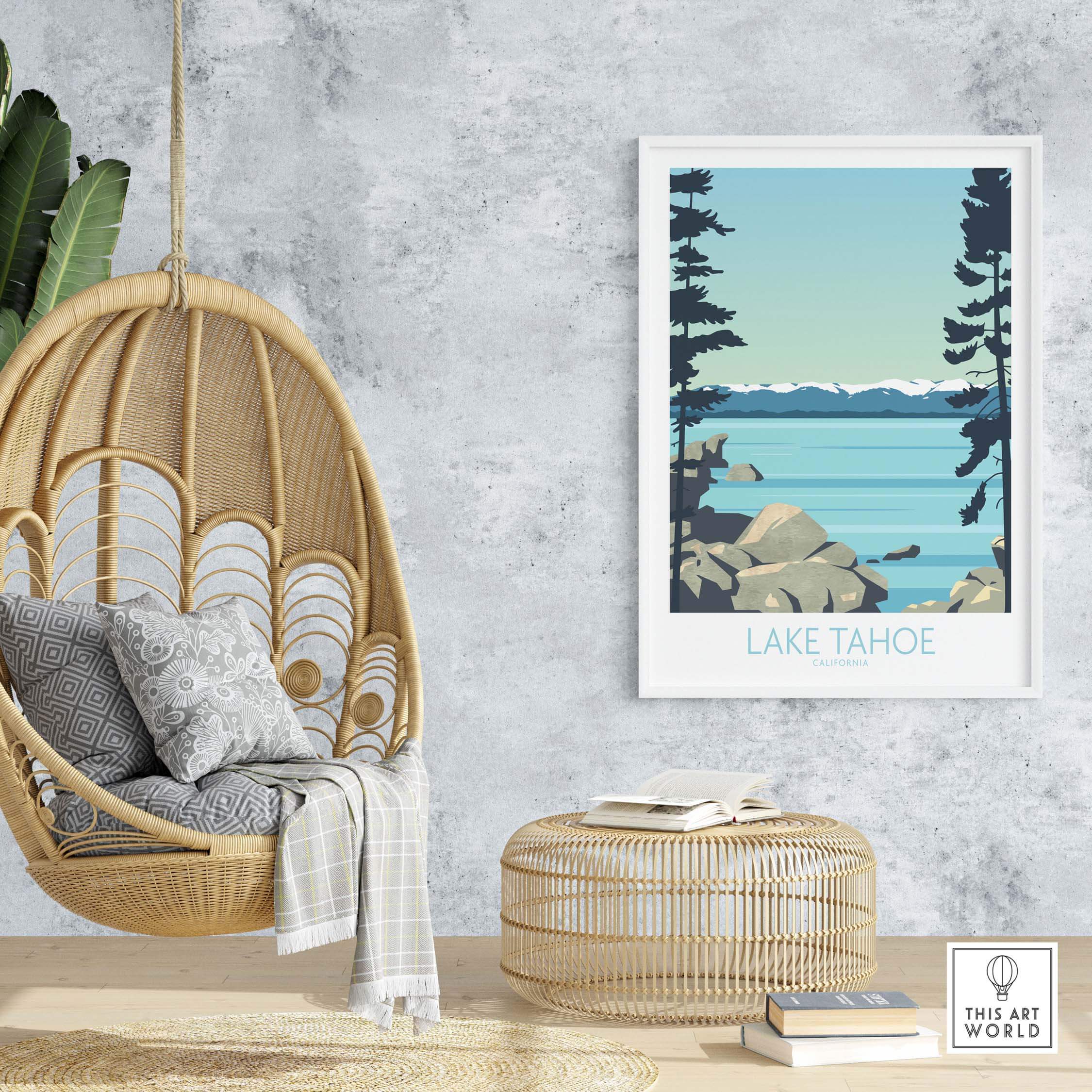 Lake Tahoe print displayed in a stylish interior with a hanging chair, showcasing vintage travel art aesthetics.
