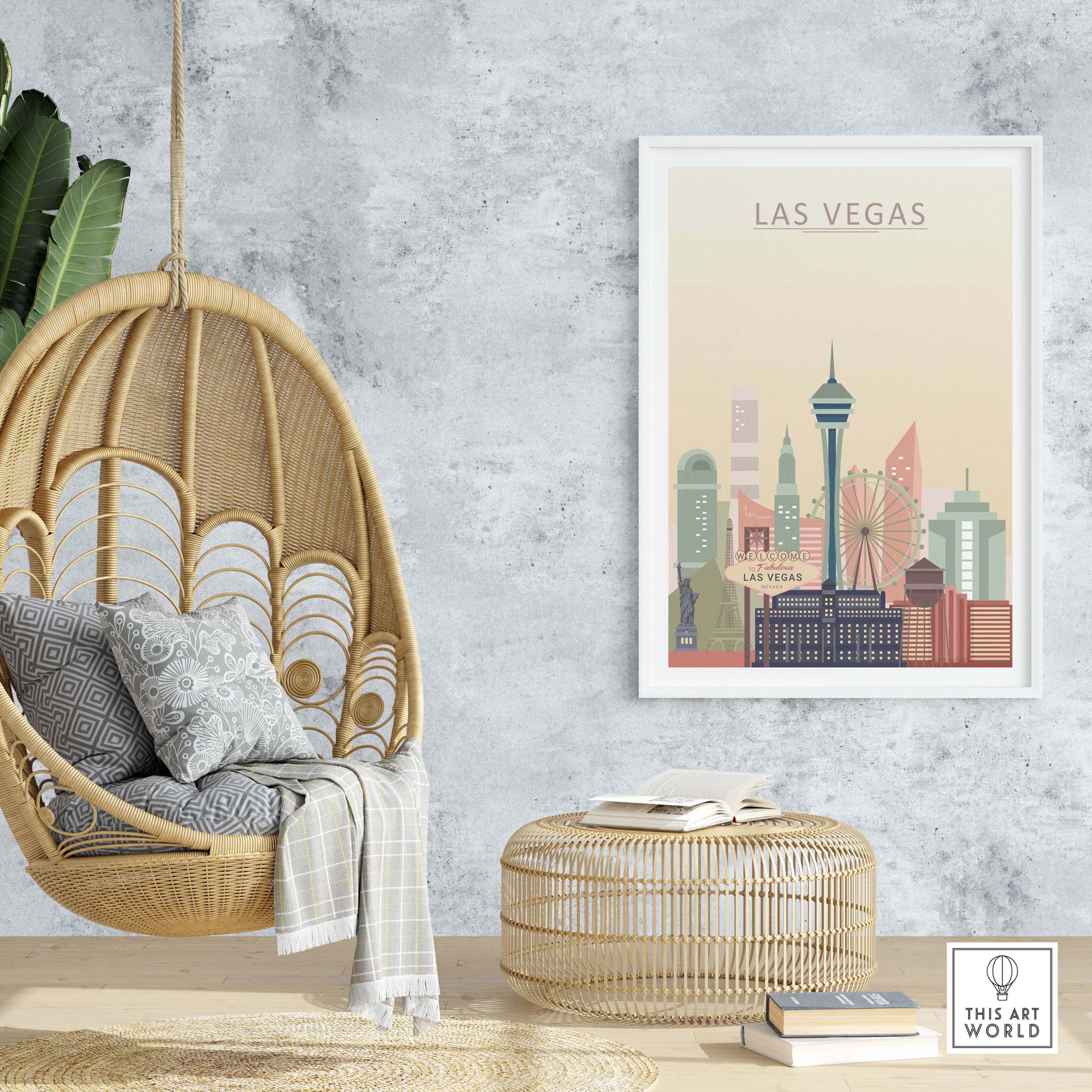 Las Vegas skyline poster displayed in a stylish interior with a hanging chair and rattan decor.