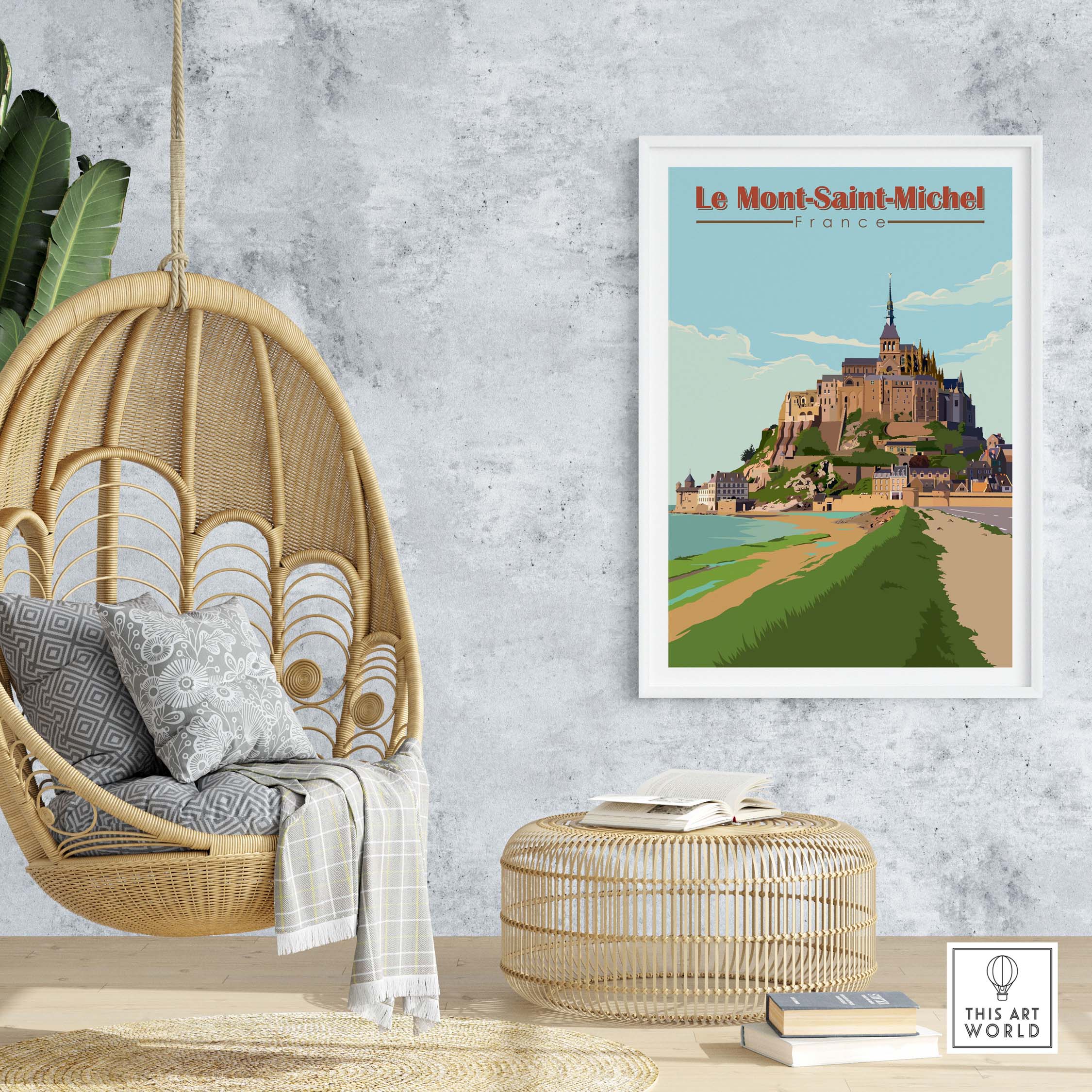 Le Mont Saint Michel poster print displayed in a cozy living space with a hanging chair and decorative elements.