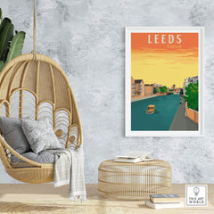 Leeds Poster Print England in a stylish home setting with a hanging chair and decorative elements.