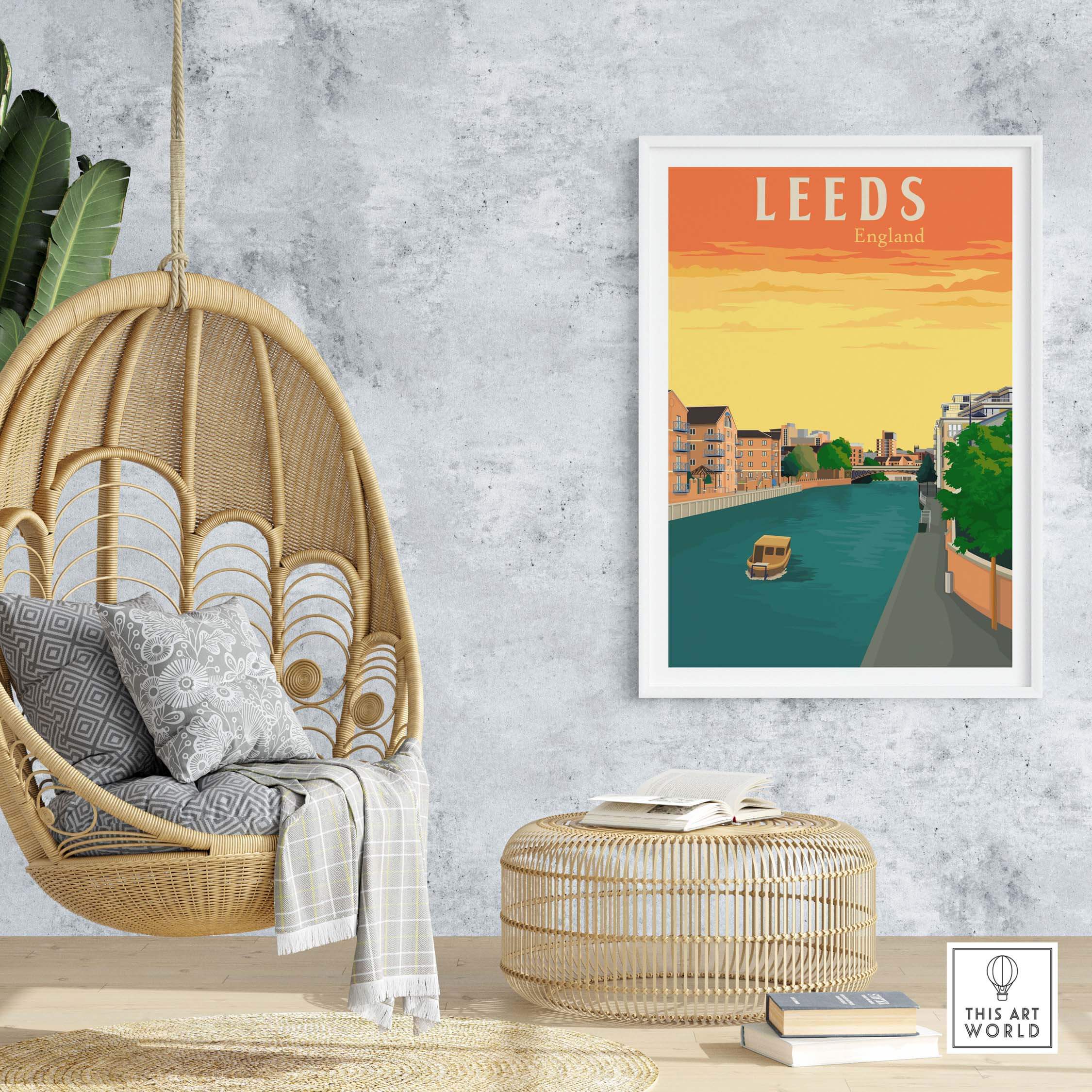 Leeds Poster Print England in a stylish home setting with a hanging chair and decorative elements.
