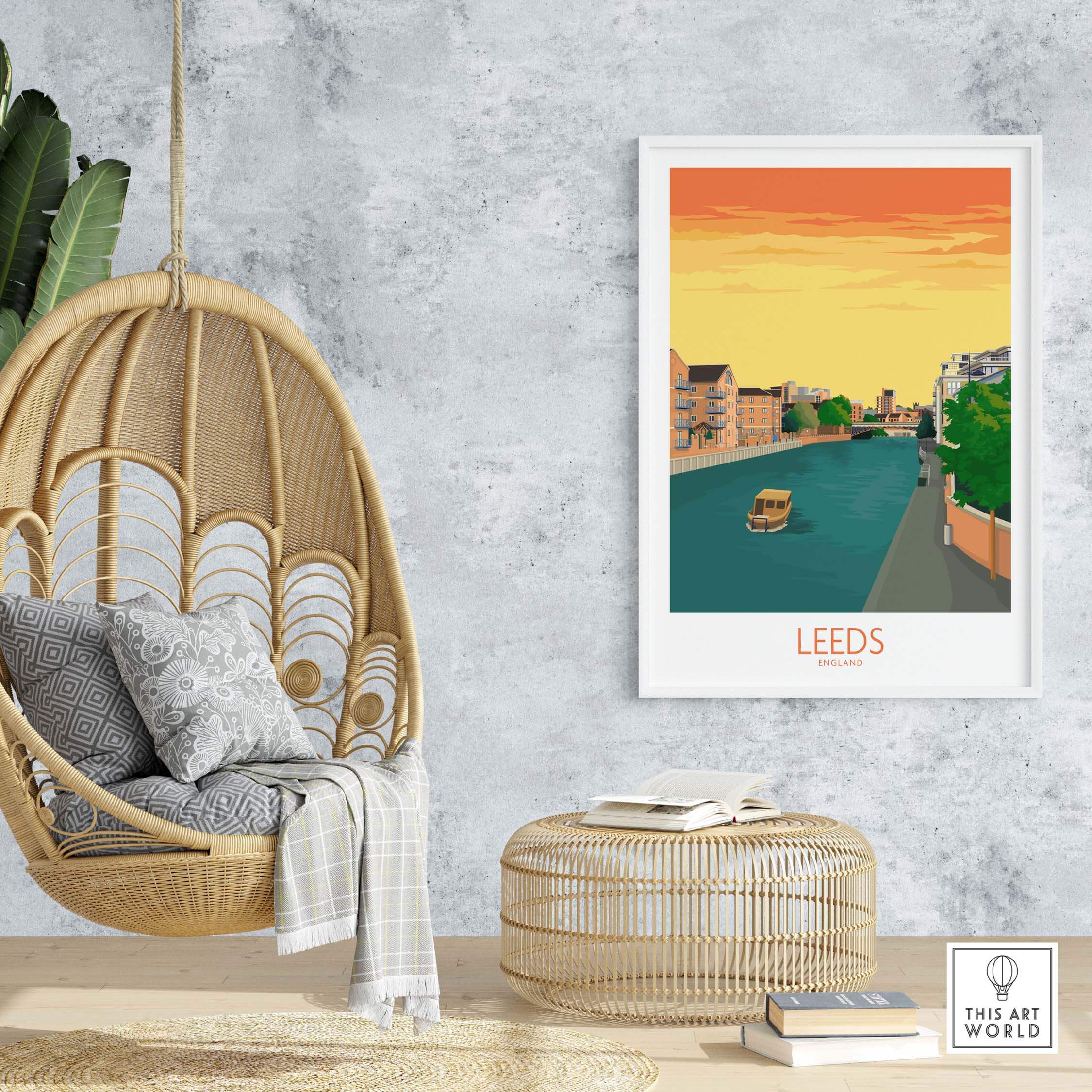 Leeds Print England Travel Poster displayed in a cozy home setting with a hanging chair and stylish decor.