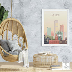 Leeds Print Skyline Wall Art in a modern living space with a cozy hanging chair and stylish decor.