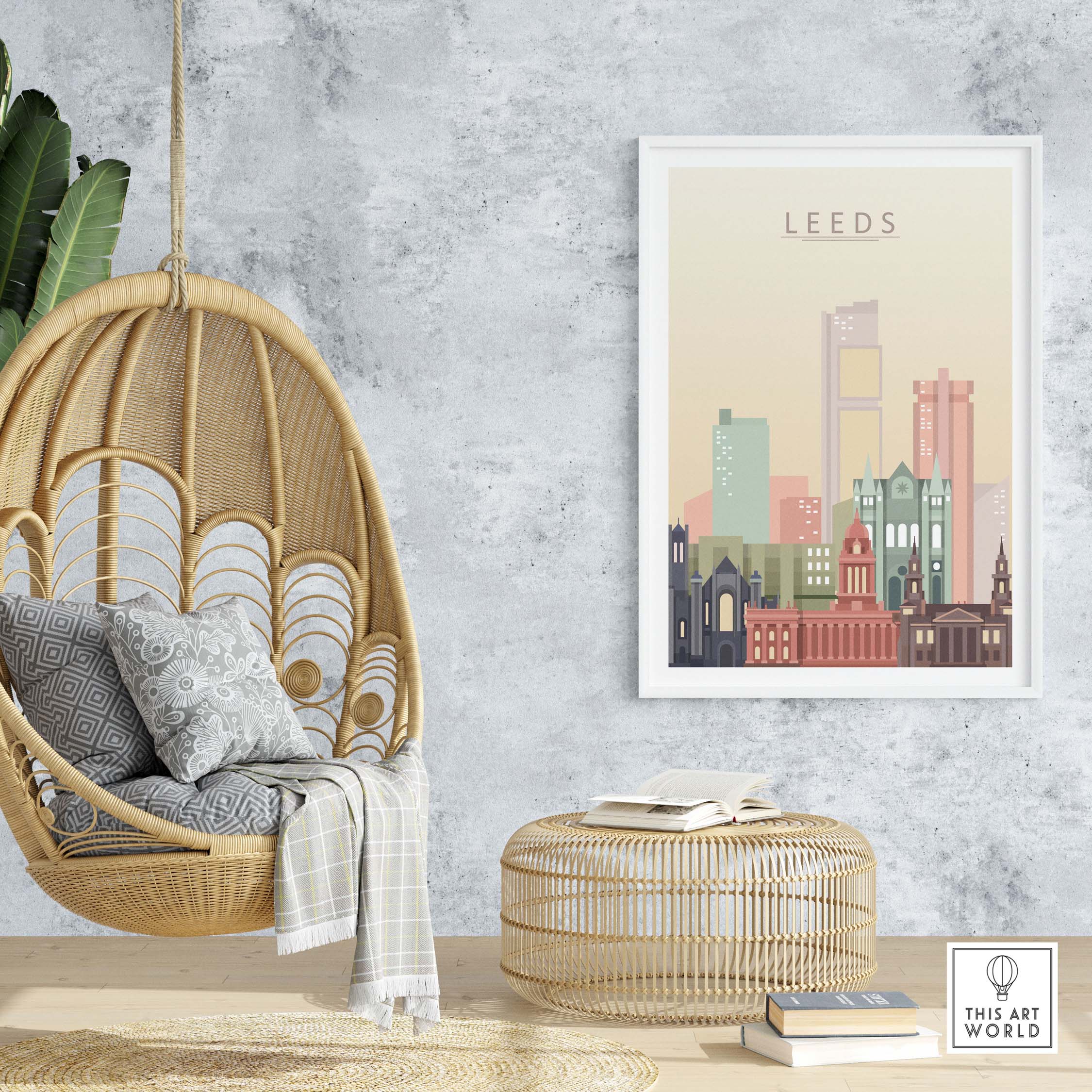 Leeds Print Skyline Wall Art in a modern living space with a cozy hanging chair and stylish decor.