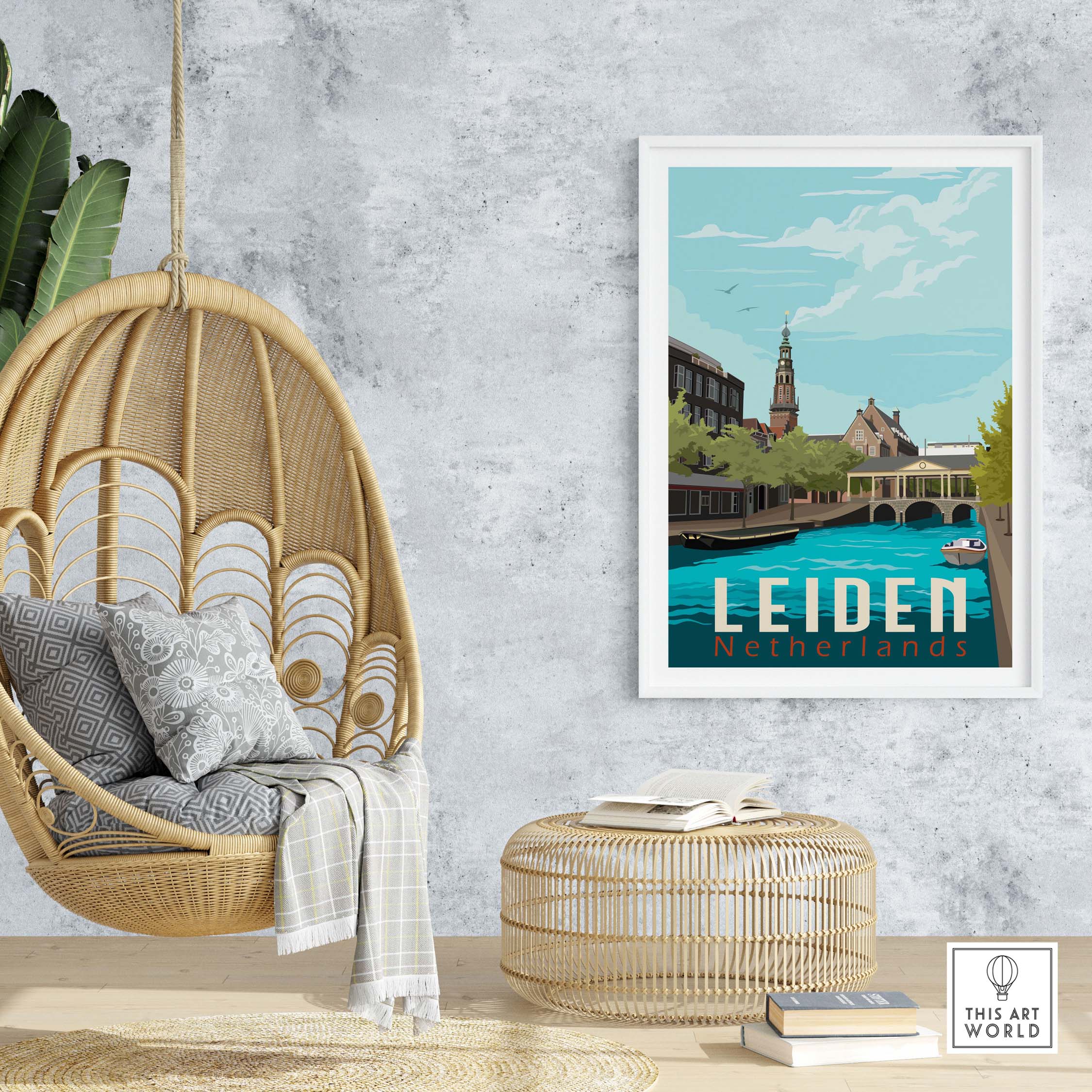 Leiden Netherlands print framed on a wall with a cozy chair and decor in a stylish living space.