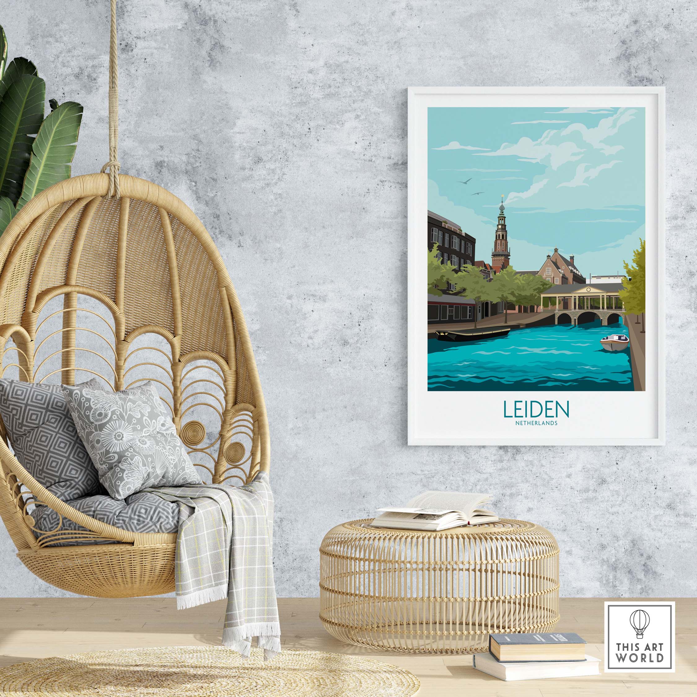 Leiden Poster Netherlands displayed in a cozy living space with hanging chair, emphasizing travel inspiration and wall art.