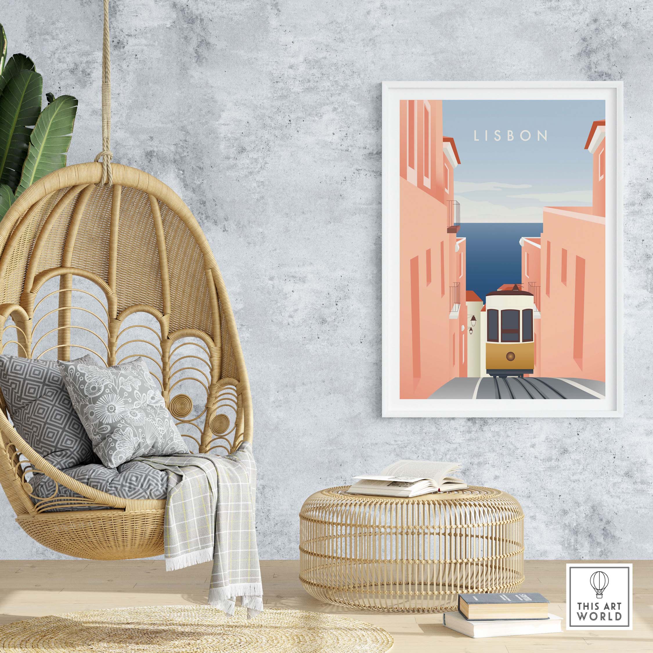 Lisbon wall art poster showcasing a vibrant city scene with tram, perfect for travelers and home decor.