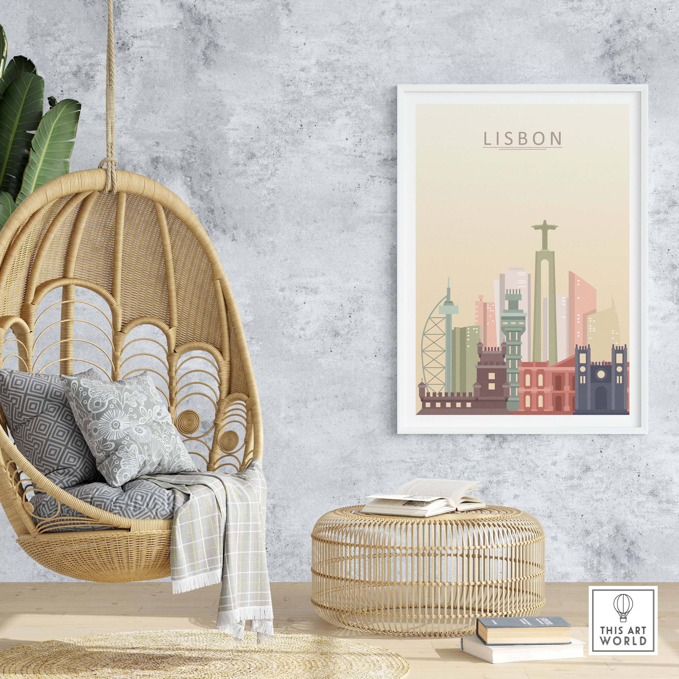 Lisbon skyline print wall art featuring iconic buildings, pastel colors, hanging chair, and a cozy decor setting.